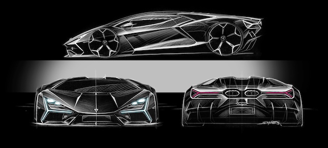 Lamborghini Revuelto Design Skizzen aussen bw