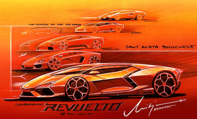 Lamborghini Revuelto Design Skizze orange Flanke Heritage
